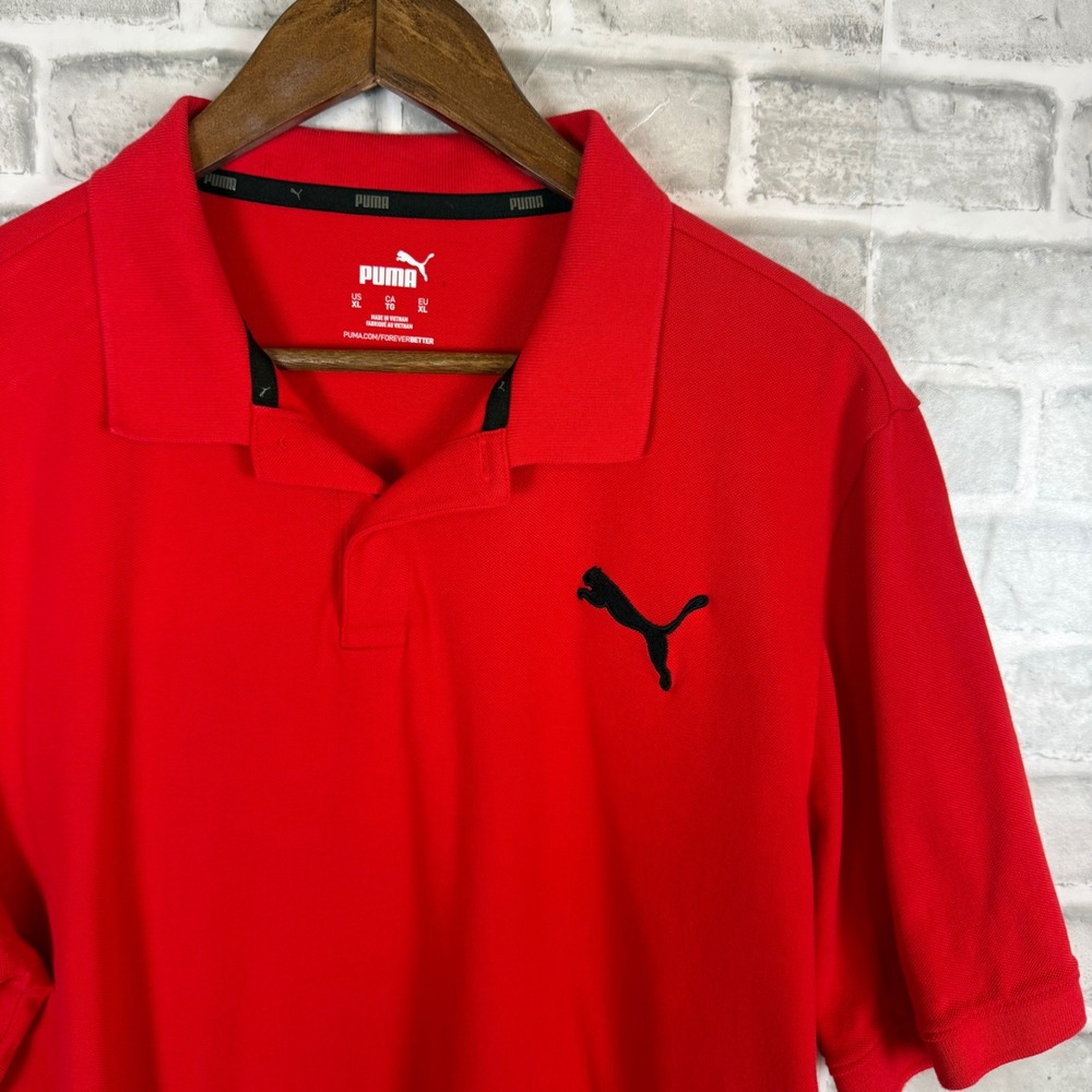 Puma Mens Solid Red Pique Polo Shirt Short Sleeve Embroidered Black Logo XL